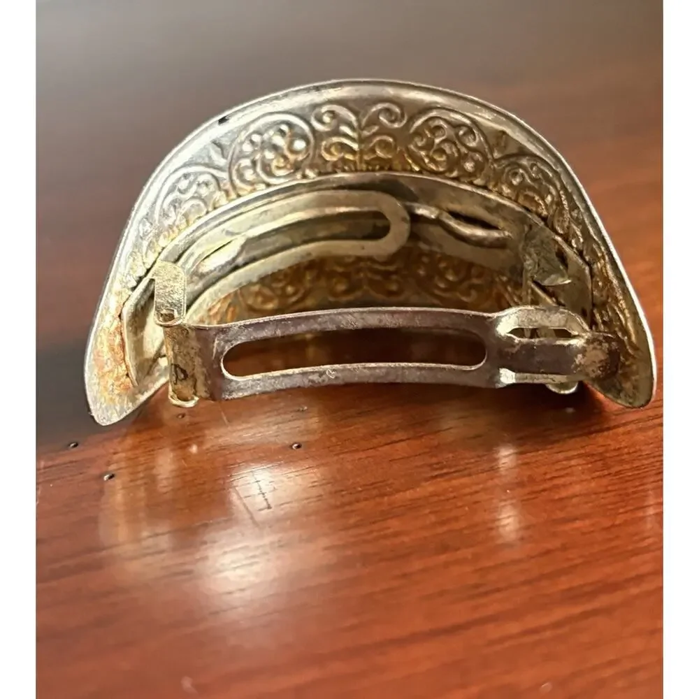 Vtg Silver Tone Ponytail Clip Hair Cuff Ornate Filigree Etched Boho Victorian